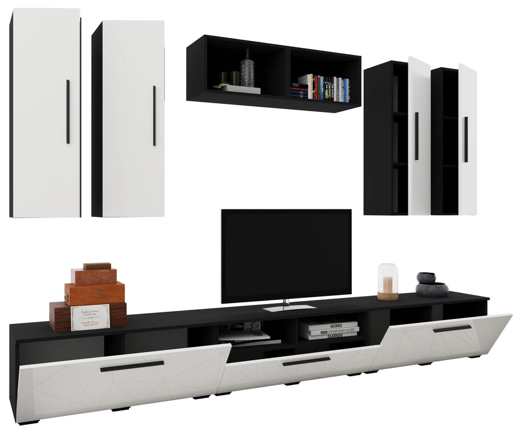 Living Kos V4, Negru/Alb Lucios, MDF, L 285 cm