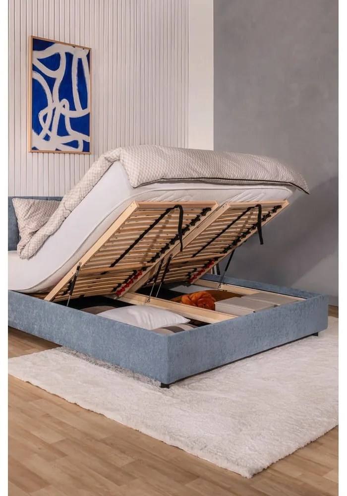 Pat matrimonial albastru tapițat cu spațiu de depozitare cu somieră 160x200 cm Myra Bold – Bonami Selection