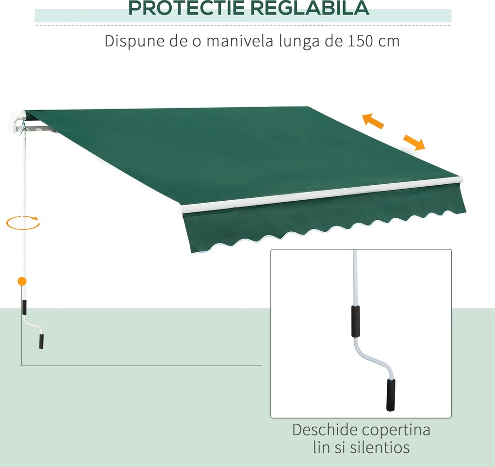 Copertină Retractabilă Manuală Outsunny pentru Verandă, 3x2 m, Verde | Aosom Romania