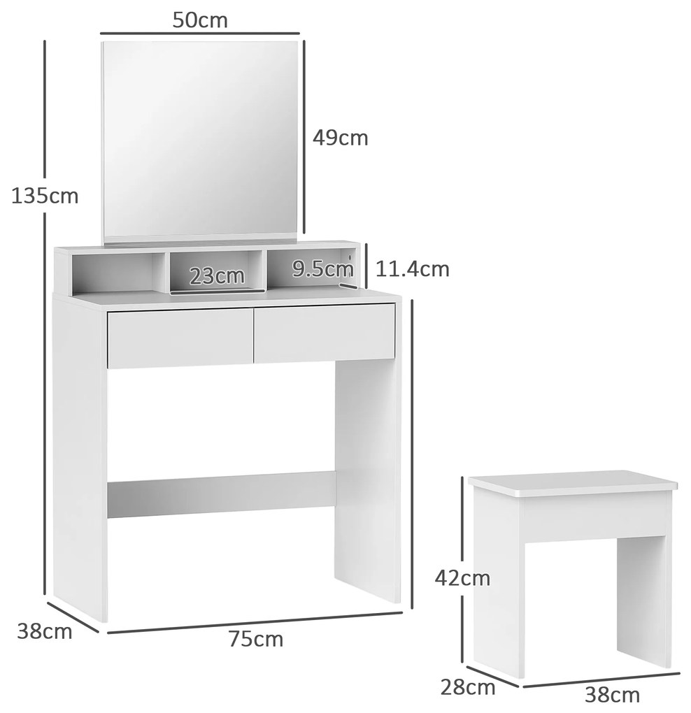 HOMCOM Masă de Toaletă cu Taburet, Masă de Machiaj cu Oglindă, 3 Rafturi, 2 Sertare, din Lemn, 75x38x135 cm, Alb | Aosom Romania