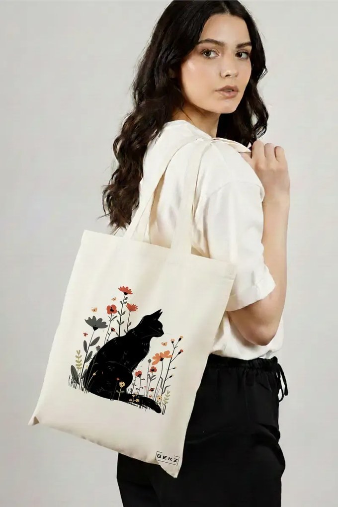 Sacosa de Panza pentru Cumparaturi, Geanta Tote, model Cat and Flowers 6, 38 x 34.5 cm, Alba, BEKZ®