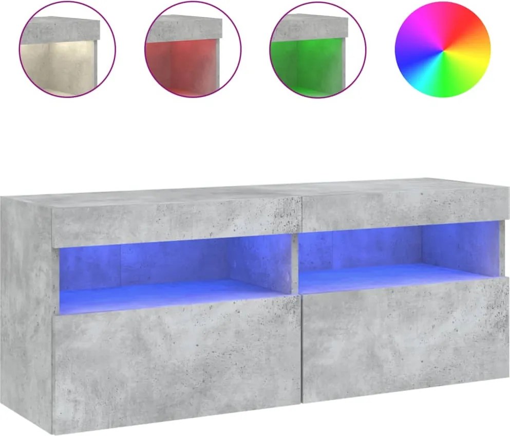 vidaXL Comodă TV de perete cu lumini LED, gri beton, 100x30x40 cm