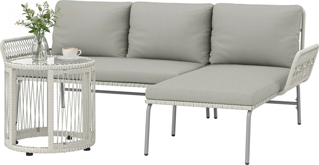 Outsunny Set mobilier de grădină din poliratan 3 piese, set lounge cu chaiselongue canapea pentru două persoane masă cu sticlă perne detașabile | Aosom Romania
