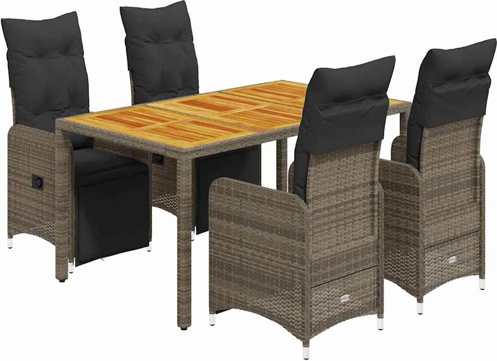 vidaXL Set bistro de grădină cu perne, 5 piese, gri, poliratan