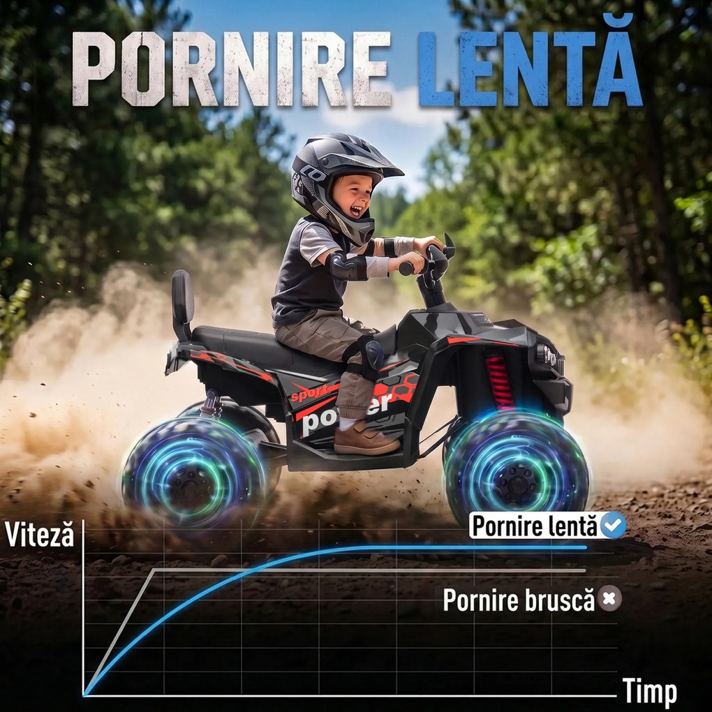 AIYAPLAY ATV electric pentru copii 24V, 2 locuri, baterie litiu, 2 motoare 120W, suspensii, muzică, faruri, negru | Aosom Romania