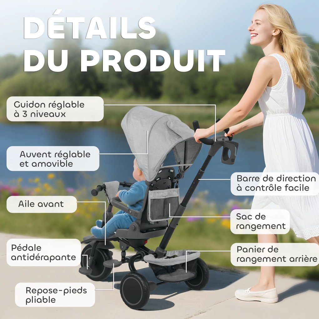 AIYAPLAY Triciclu bebeluș evolutiv 6 în 1, triciclu copil pliabil cu mânere pentru părinți reglabile, scaun pivotant 360°, gri | Aosom Romania
