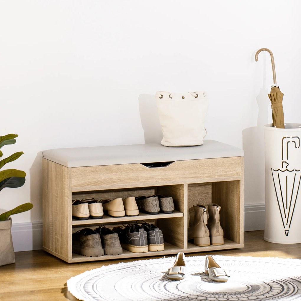HOMCOM Bancă pentru Pantofi cu 3 Compartimente, Spațiu Ascuns și Șezut din Piele PU, 80x30x43 cm, Lemn Natural | Aosom Romania