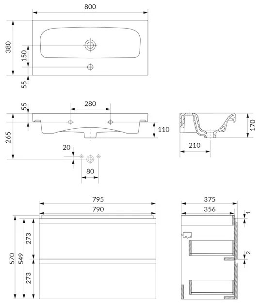 Set B886 mobilier cu lavoar Cersanit, Moduo 80, montat, antracit