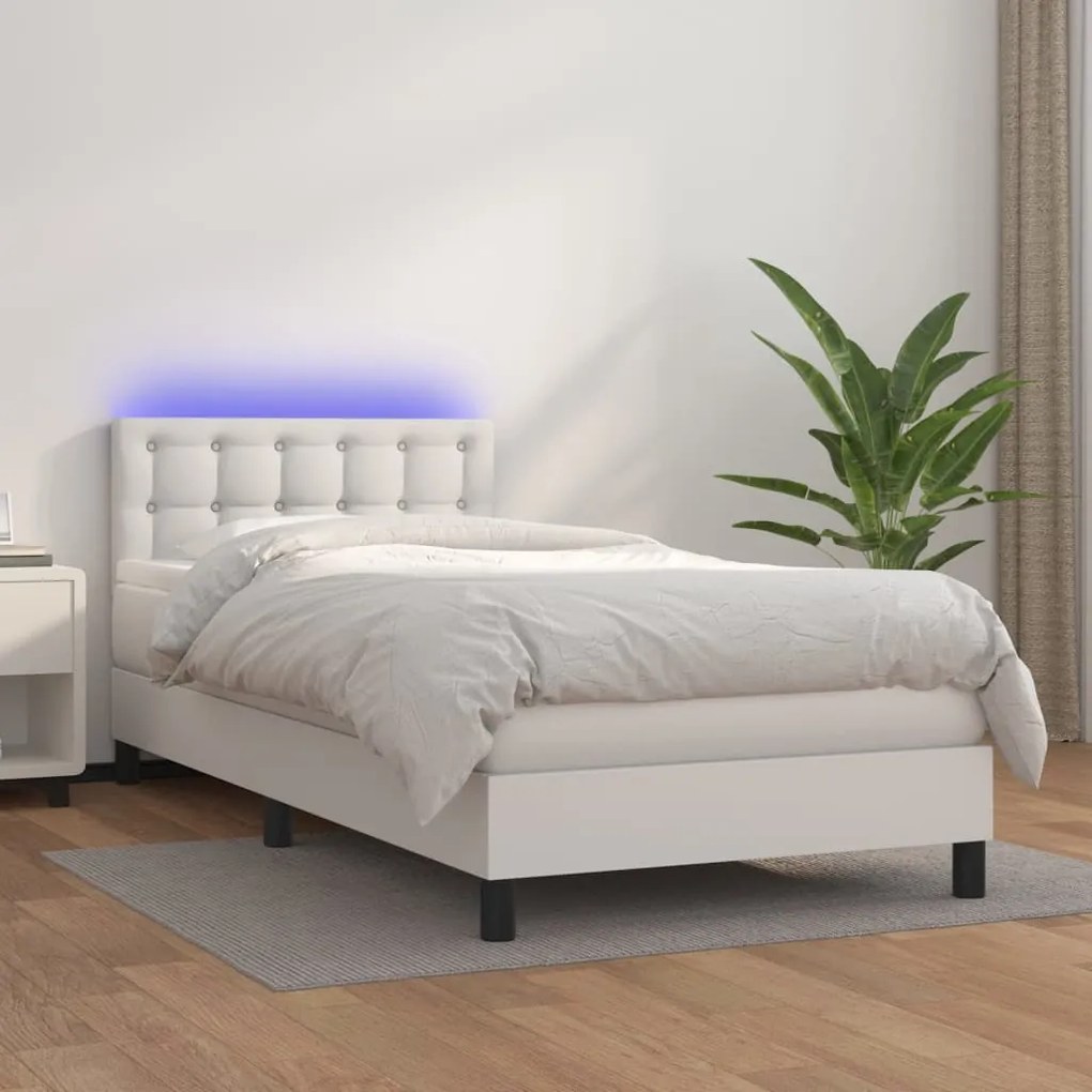 vidaXL Pat continental cu saltea &amp; LED, alb, 90x200 cm, piele eco
