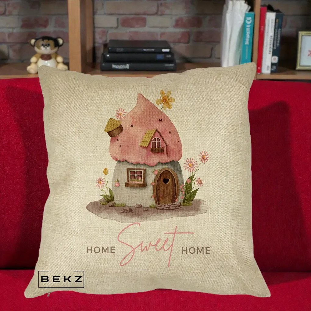 Perna Decorativa Home Sweet Home Casuta, 40x40 cm, Crem, Husa Detasabila, Perna Inclusa, BEKZ®
