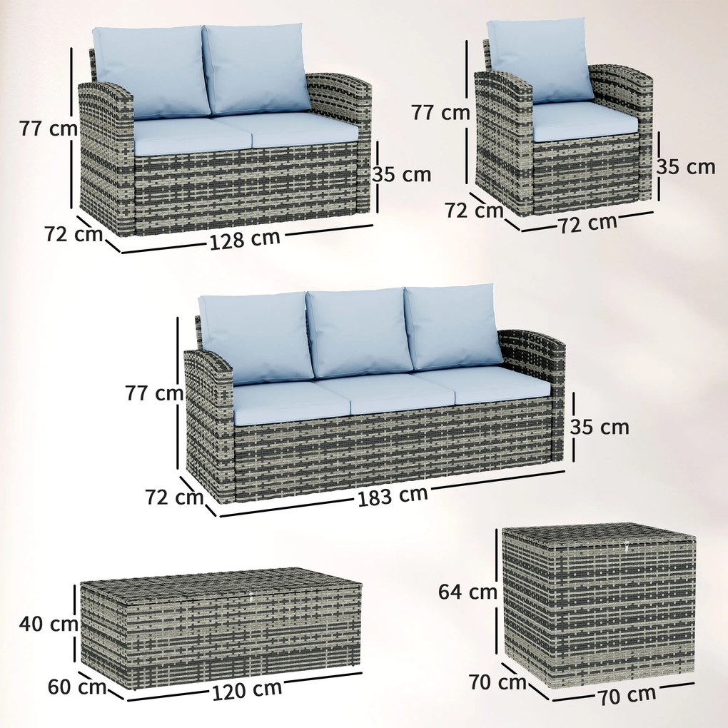 Outsunny Set de mobilier de gradina din ratan de 6 piese, canapea si 2 fotolii tapitate pentru 7 persoane, bej | Aosom Romania