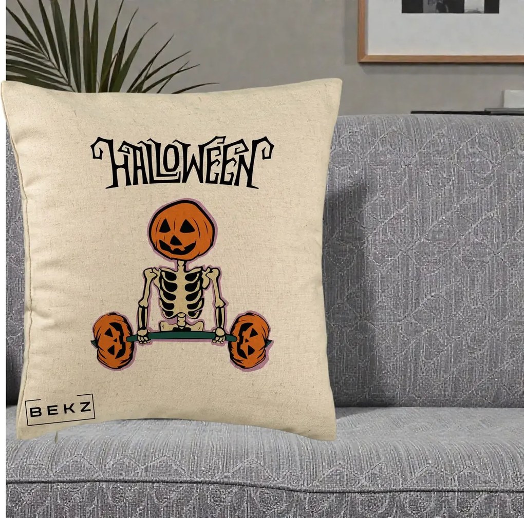 Perna Decorativa Halloween Schelet cu Cap de Dovleac Powerlifting, 40x40 cm, Bej, Husa Detasabila, Perna Inclusa, BEKZ®