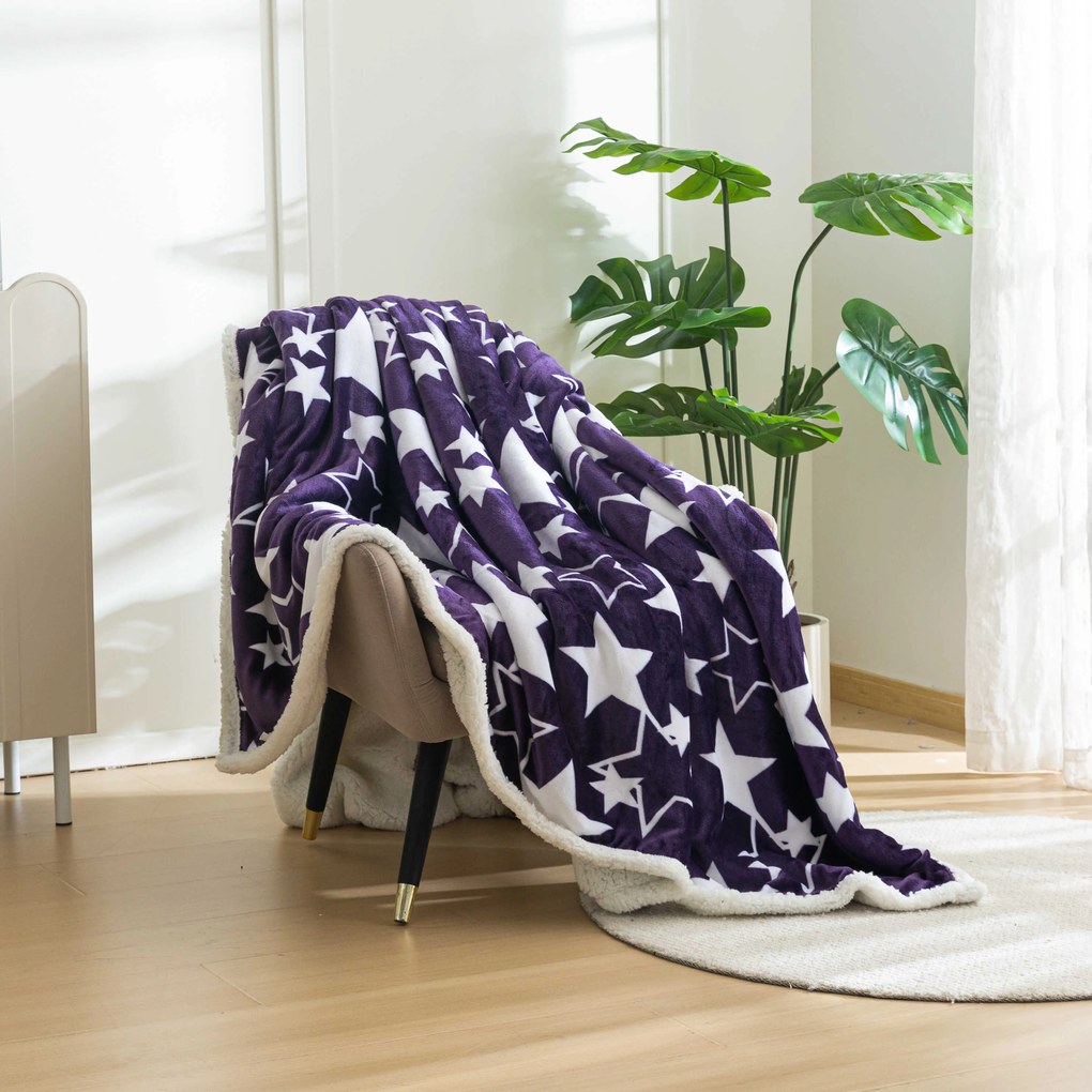 Patura miel din microplus de Craciun STARS violet Dimensiune: 200 x 220 cm