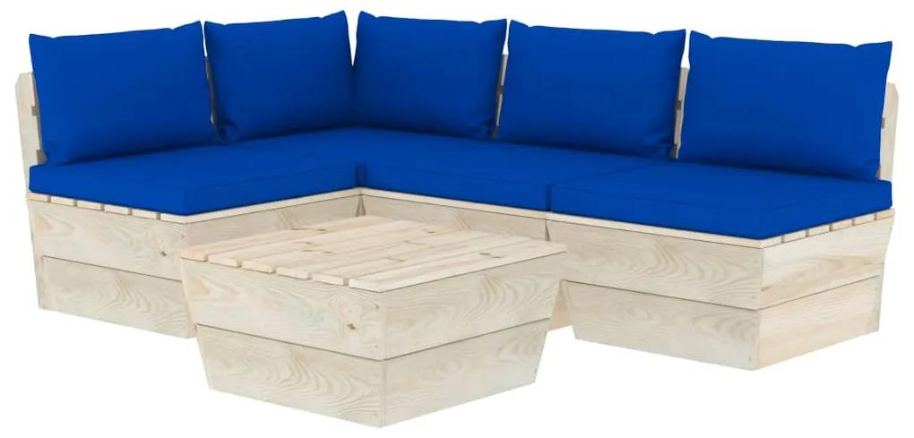 Set mobilier gradina din paleti cu perne, 5 piese, lemn molid Albastru, colt + 3x mijloc + masa, 1