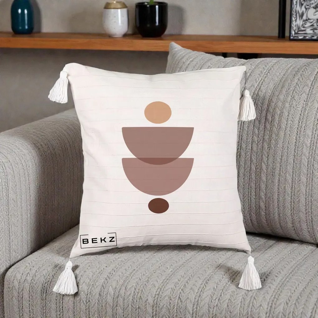 Perna Decorativa Geometric Boho Semicercuri Brun, 40x40 cm, Bej cu Franjuri, Husa Detasabila, Perna Inclusa, BEKZ®