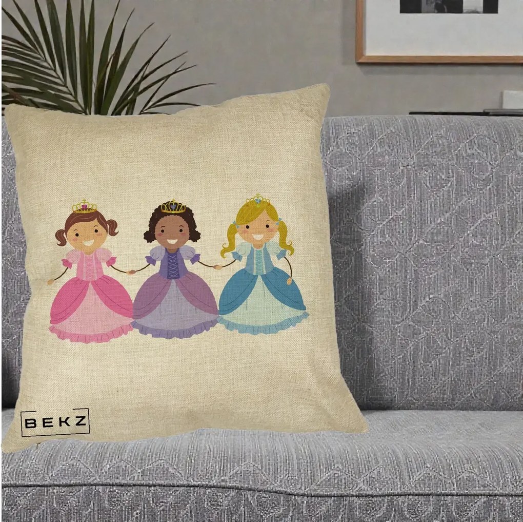 Perna Personalizata Printese Diverse Ilustratie, 40x40 cm, Crem, Husa Detasabila, Perna Inclusa, BEKZ®