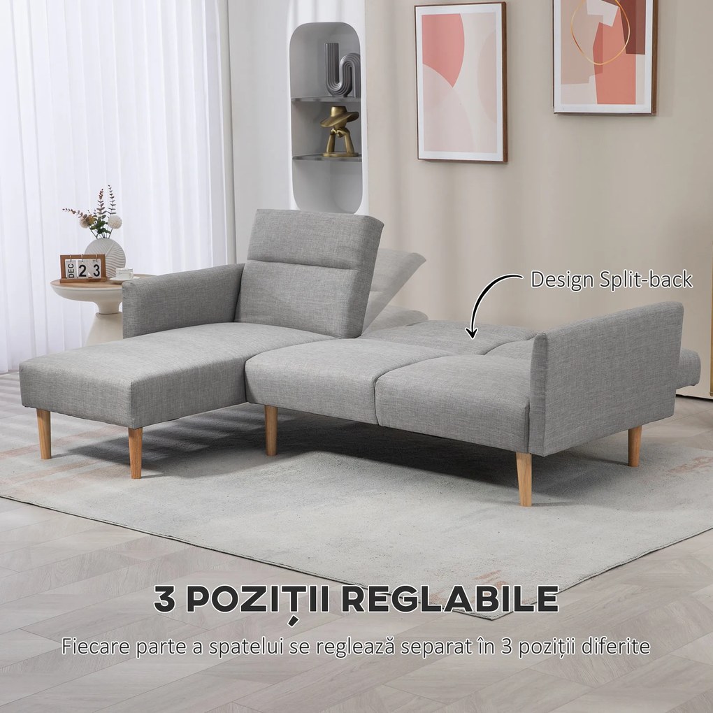 HOMCOM Canapea Extensibila cu 3 Locuri, Canapea pe Colt din Tesatura Gri cu Spatar Reglabil, Stil Scandinav, 207x146x80cm | Aosom Romania