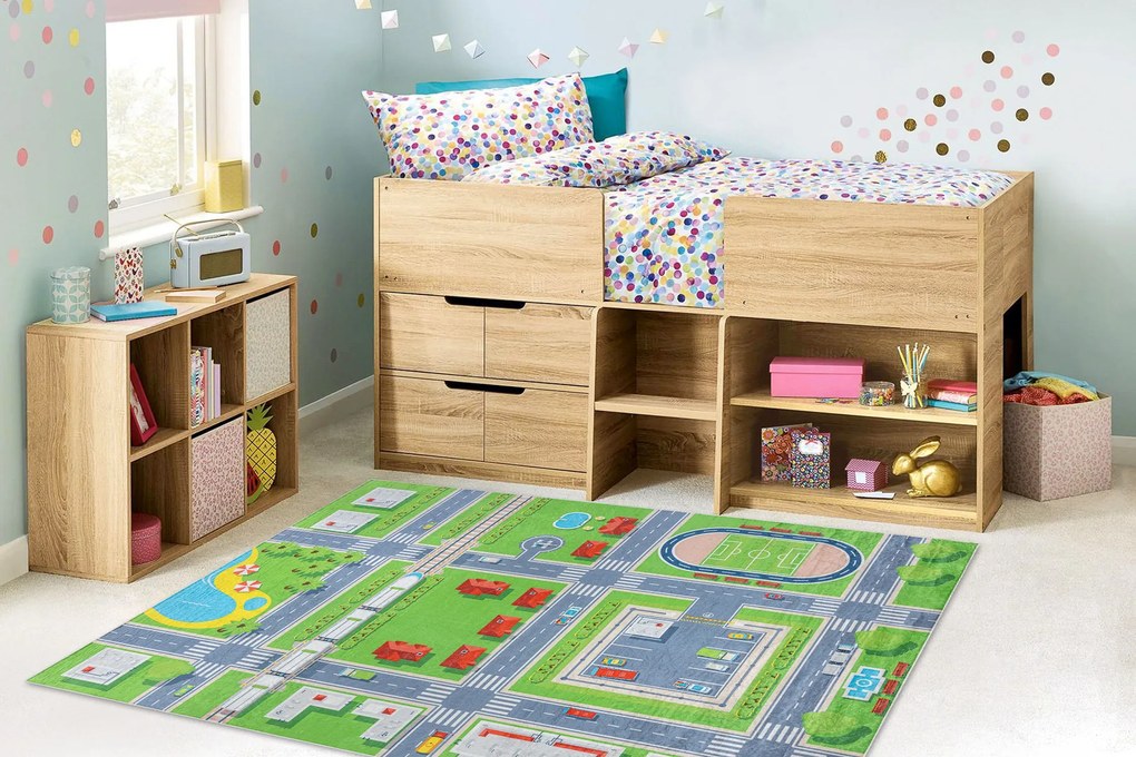 BAMBINO 2624 covor lavabil Oraș, străzi pentru copii anti-alunecare - verde / gri