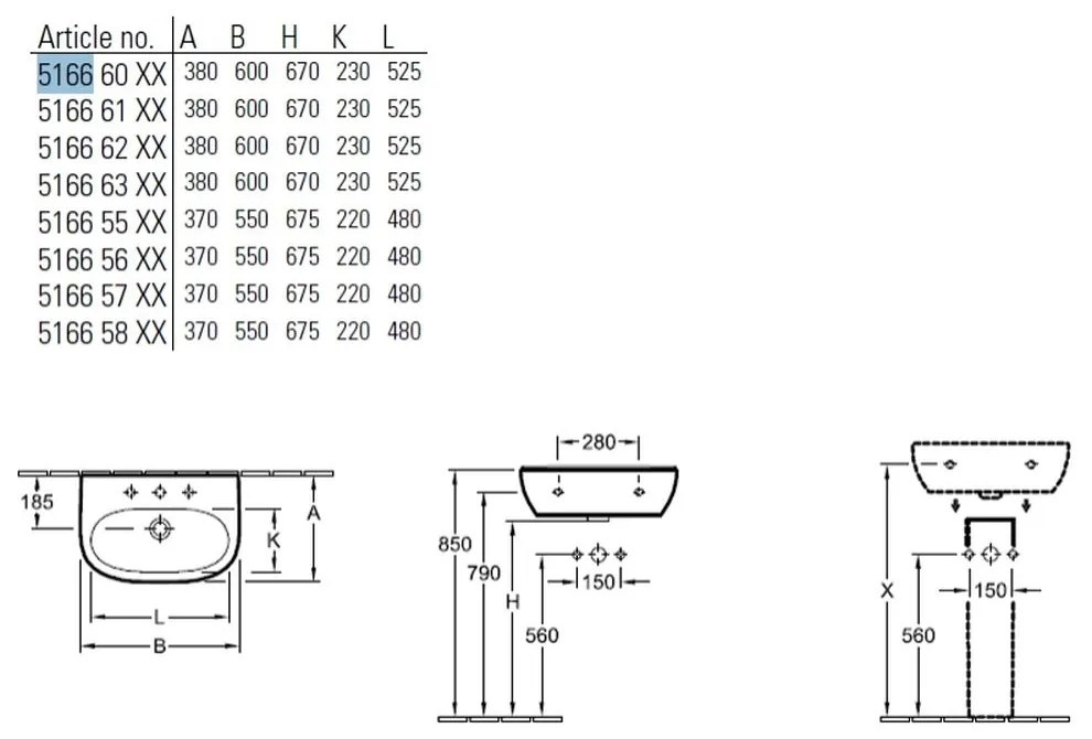 Lavoar baie suspendat alb lucios 60 cm Villeroy  Boch, Novo 600x490 mm