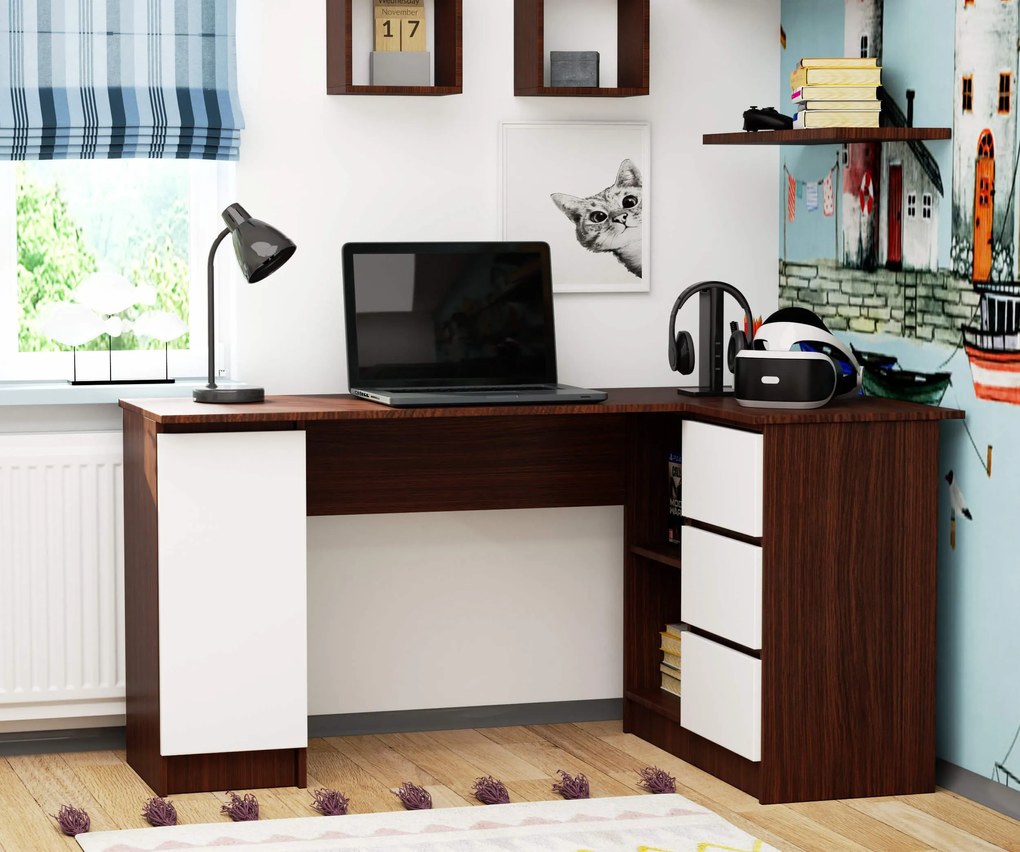 Masă PC de colț Bevin (wenge + alb) (D). 1069145