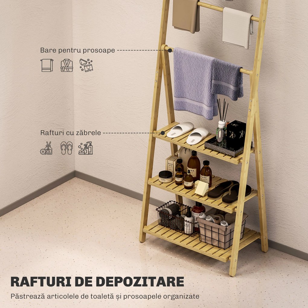 HOMCOM Raft Baie Pliabil pentru Prosoape cu 3 Rafturi și 3 Bare, 53,5x30x153 cm, Lemn Natural | Aosom Romania