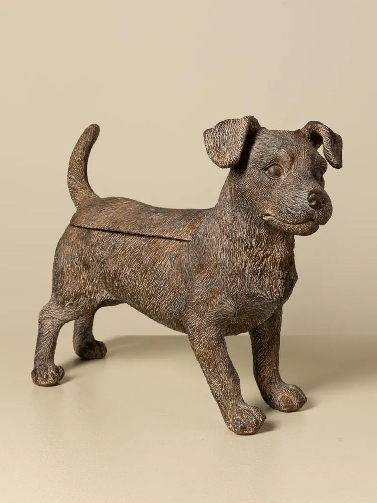 Cutie decorativă din rășină maro în formă de cățel, capac detașabil, finisaj antichizat, 28,5 x 36,5 x 13 cm, „Filou”