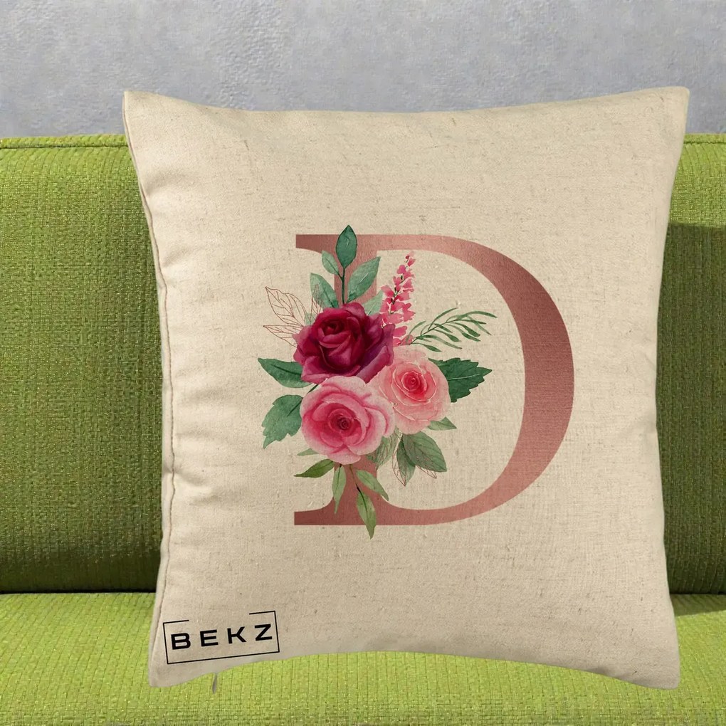 Cadou Personalizat - Perna Personalizata Monograma Rose Gold Litera D, 40x40 cm, Bej, Husa Detasabila, Perna Inclusa, BEKZ®