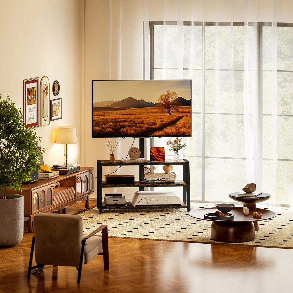 HOMCOM Comodă TV cu suport pentru televizoare de 81-178 cm, rafturi deschise, unghi reglabil 35°, 108x41x135cm, maro | Aosom Romania