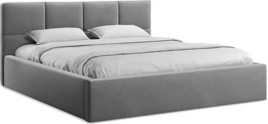 Pat matrimonial gri închis tapițat din catifea cu spațiu de depozitare cu somieră 140x200 cm Hiko – Makamii