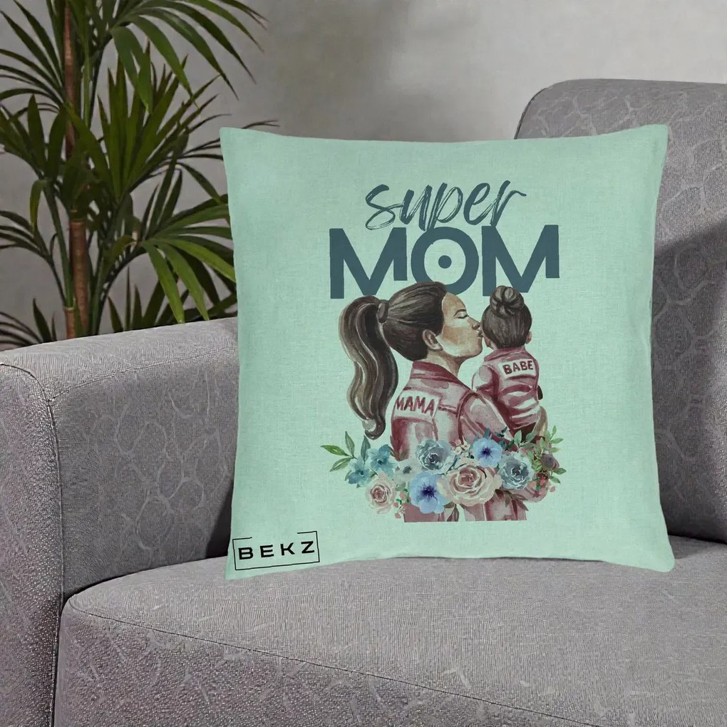 Cadou pentru Mama - Perna Personalizata Super Mom Mama cu Bebelusul, 40x40 cm, Verde Menta, Husa Detasabila, Perna Inclusa, BEKZ®