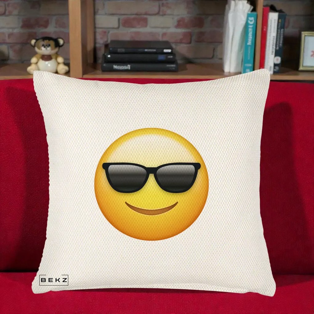 Perna Decorativa Emoji Cool Ochelari, 40x40 cm, Crem Reliefat, Husa Detasabila, Perna Inclusa, BEKZ®