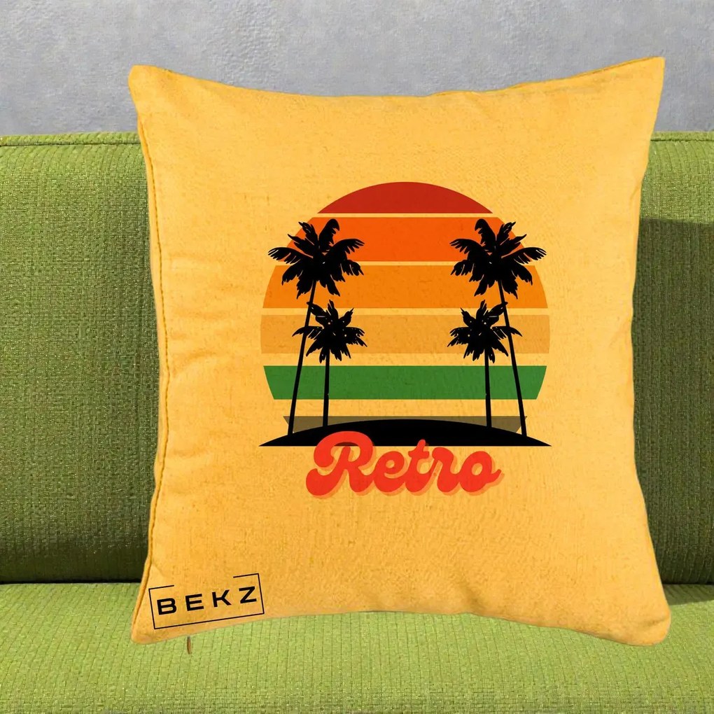 Perna Decorativa Retro Sunset Palmieri, 40x40 cm, Galben, Husa Detasabila, Perna Inclusa, BEKZ®