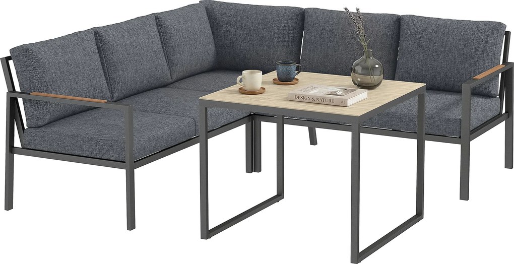 Outsunny Set Mobilier de Grădină Exterior 3 Piese 5 Persoane, 2 Canapele cu Perne Groase, 1 Masă de Cafea, 183x183x72cm, Gri Închis | Aosom Romania