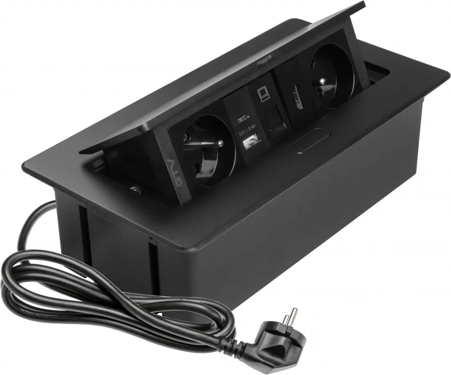 Priza incorporabila in blat Multi Soft GTV, 2 prize Schuko, USB A + C, HDMI, RJ45, negru, 240 x 120 mm Aluminiu Plastic, Negru, L:240 mm; l:120 mm;