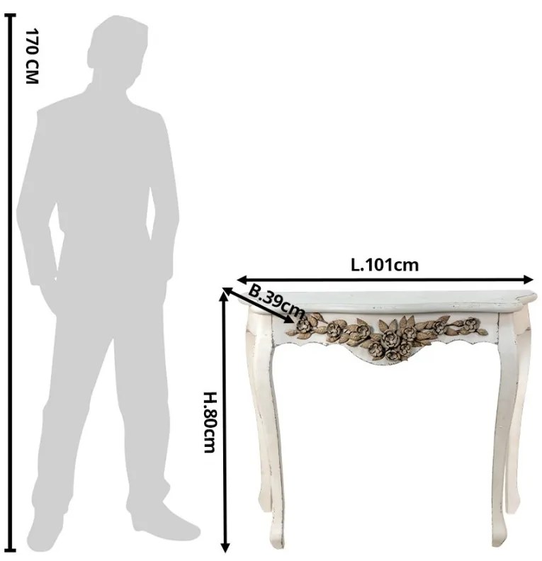 Consola alba, cu model floral, din lemn, aspect vintage, Floravie