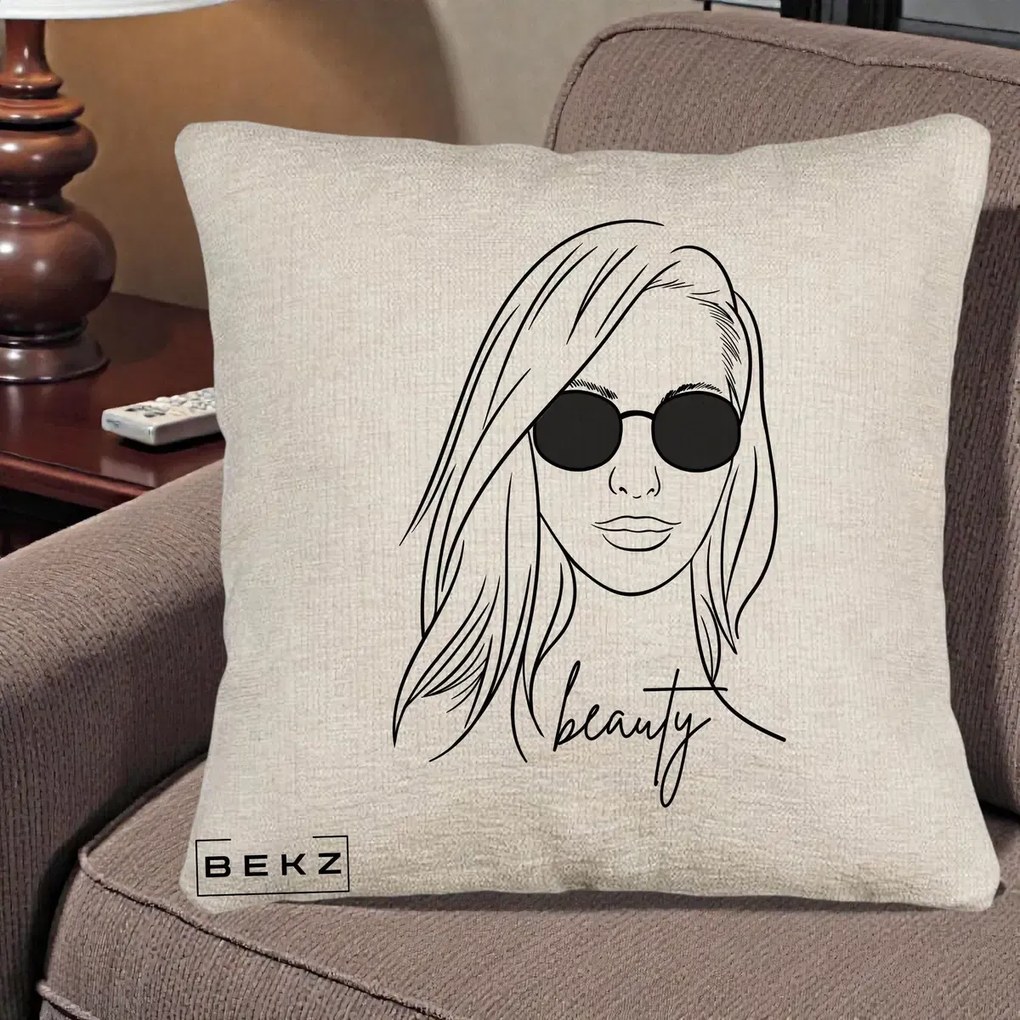 Perna Decorativa Beauty Girl Line Art, 40x40 cm, Bej Canapea, Husa Detasabila, Perna Inclusa, BEKZ®