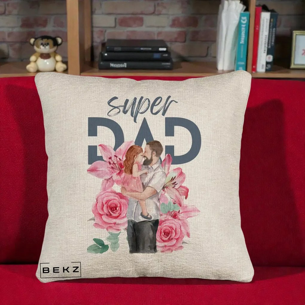 Cadou pentru Tata - Perna Personalizata Super Dad Tata cu Fetita si Flori, 40x40 cm, Bej Canapea, Husa Detasabila, Perna Inclusa, BEKZ®