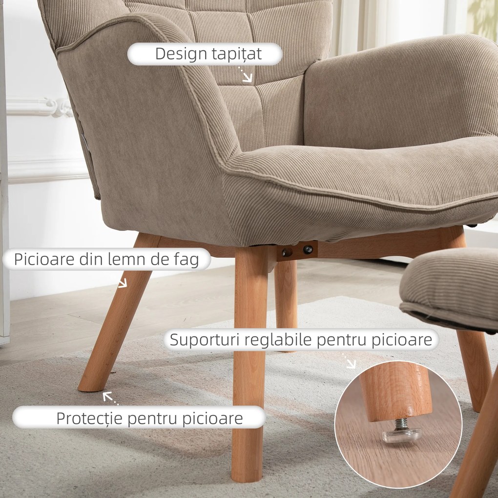 HOMCOM Fotoliu cu Taburet din Catifea cu Model Crestat , Spătar Înalt și Brațe, 72x80x101 cm, Bej | Aosom Romania