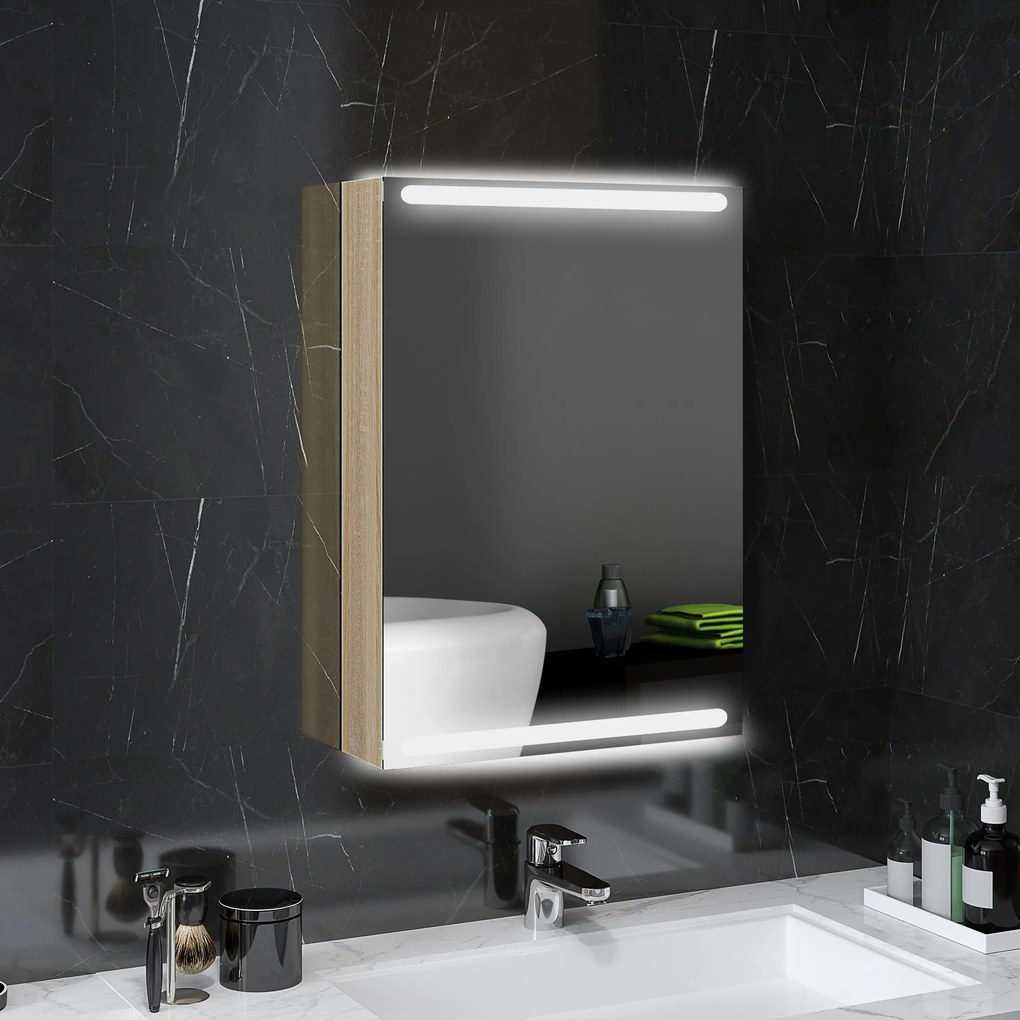 HOMCOM Dulap cu oglindă pentru baie cu lumini LED și rafturi din sticlă reglabile, montat pe perete 50x12,5x70cm, lemn natural | Aosom Romania