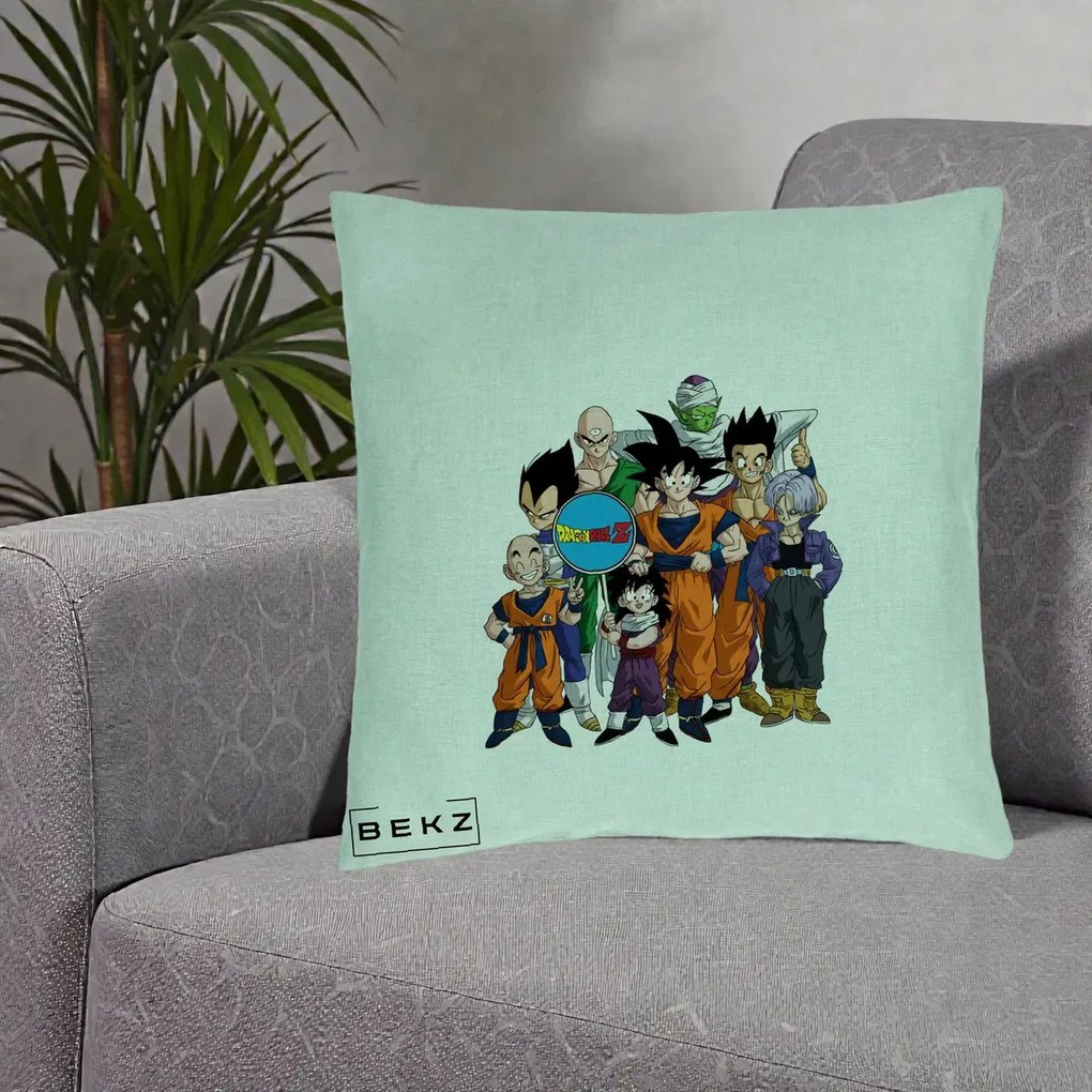 Perna Personalizata Dragon Ball Z Grup Complet, 40x40 cm, Verde Menta, Husa Detasabila, Perna Inclusa, BEKZ®