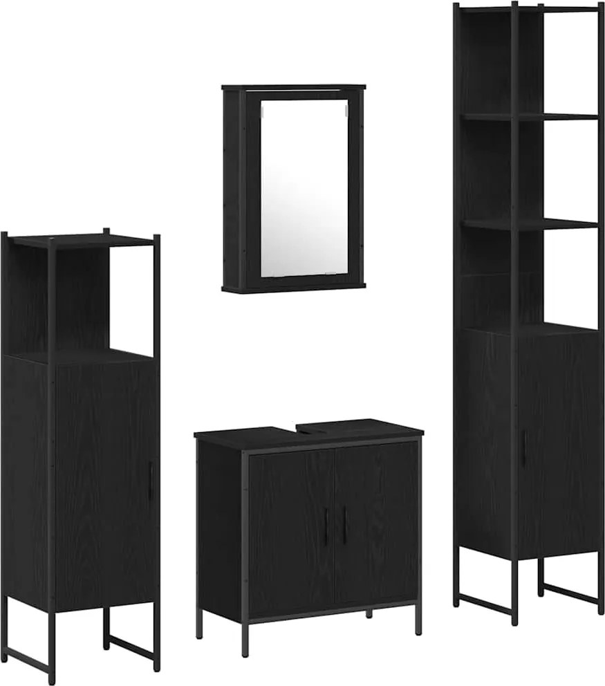 vidaXL Set de mobilier pentru baie cu raft 4 pcs Negru Lemn compozit