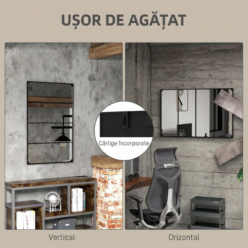 HOMCOM Oglindă Industrială de Perete, Oglindă Dreptunghiulară cu Ramă Metalică, Oglindă Decorativă, 109x2x69 cm, Negru | Aosom Romania
