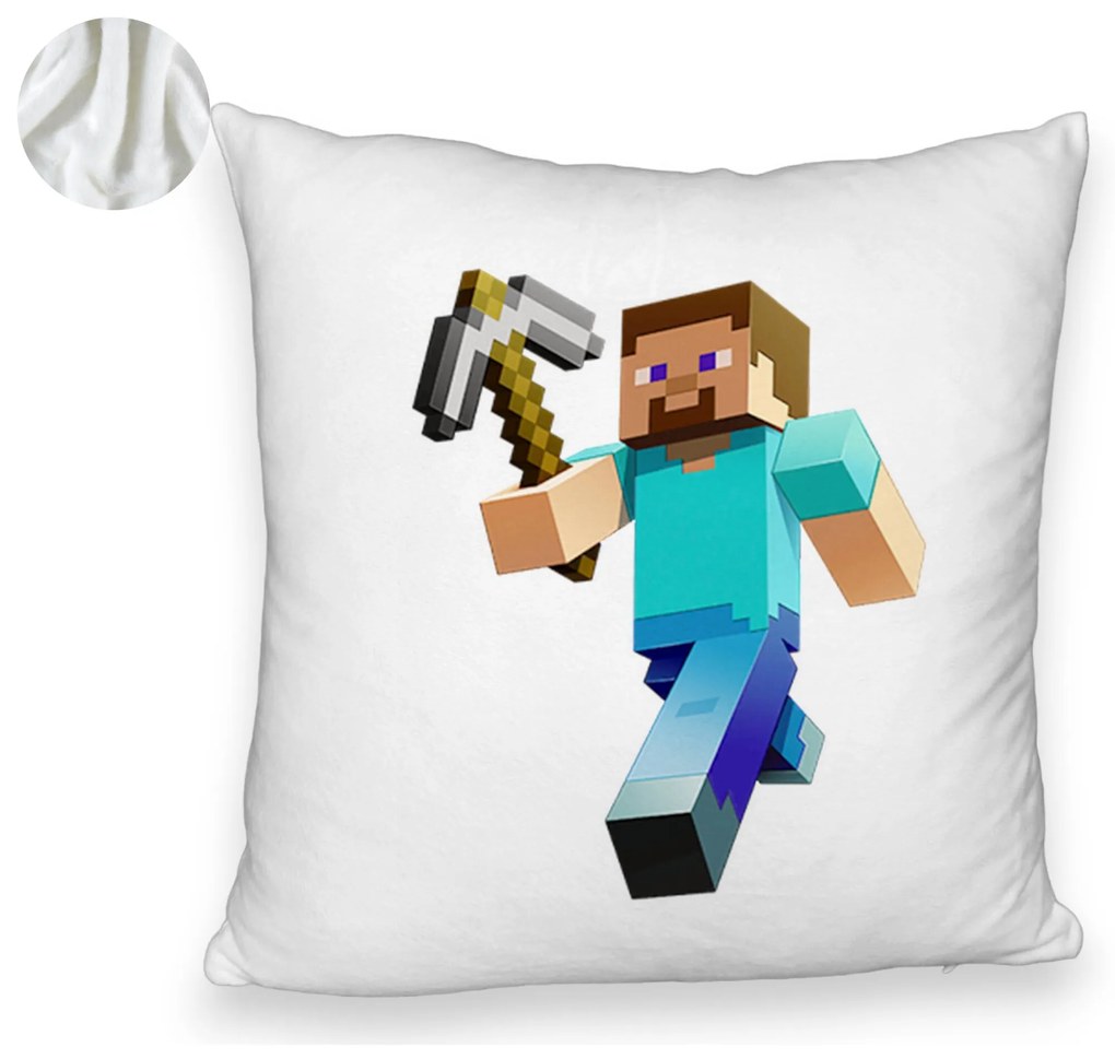 Perna Decorativa Fluffy, Model Minecraft Mining Steve, 40x40 cm, Alba, Husa Detasabila, Burduf