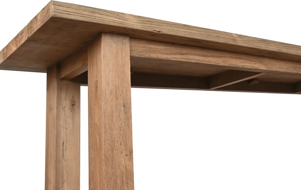 Consolă din lemn de tec reciclat, natur, cu raft inferior și picioare masive, aspect rustic, finisaj natural, 90 x 240 x 46 cm, „Margaux”