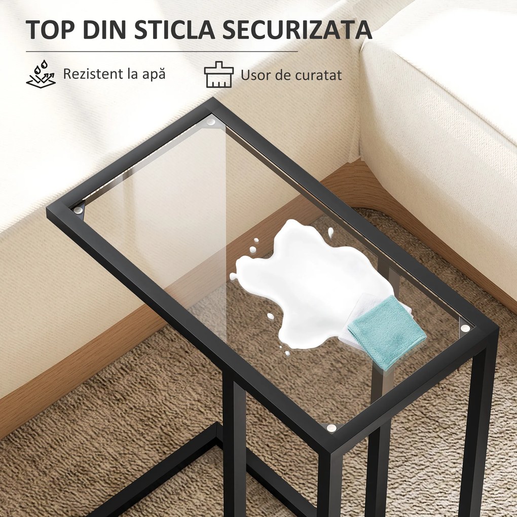 HOMCOM Măsuță de Cafea în Formă de C din Sticlă și Oțel, 46x25x63.5 cm, Negru | Aosom Romania