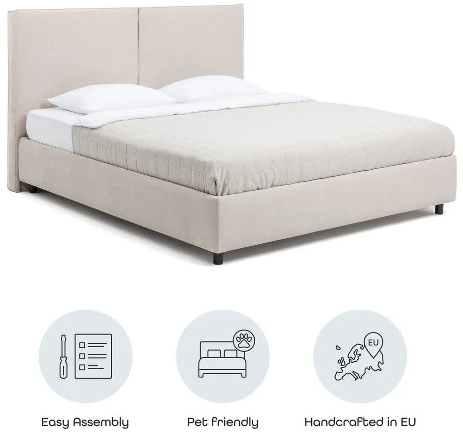 Pat matrimonial bej tapițat cu spațiu de depozitare cu somieră 180x200 cm Myra Bold – Bonami Selection