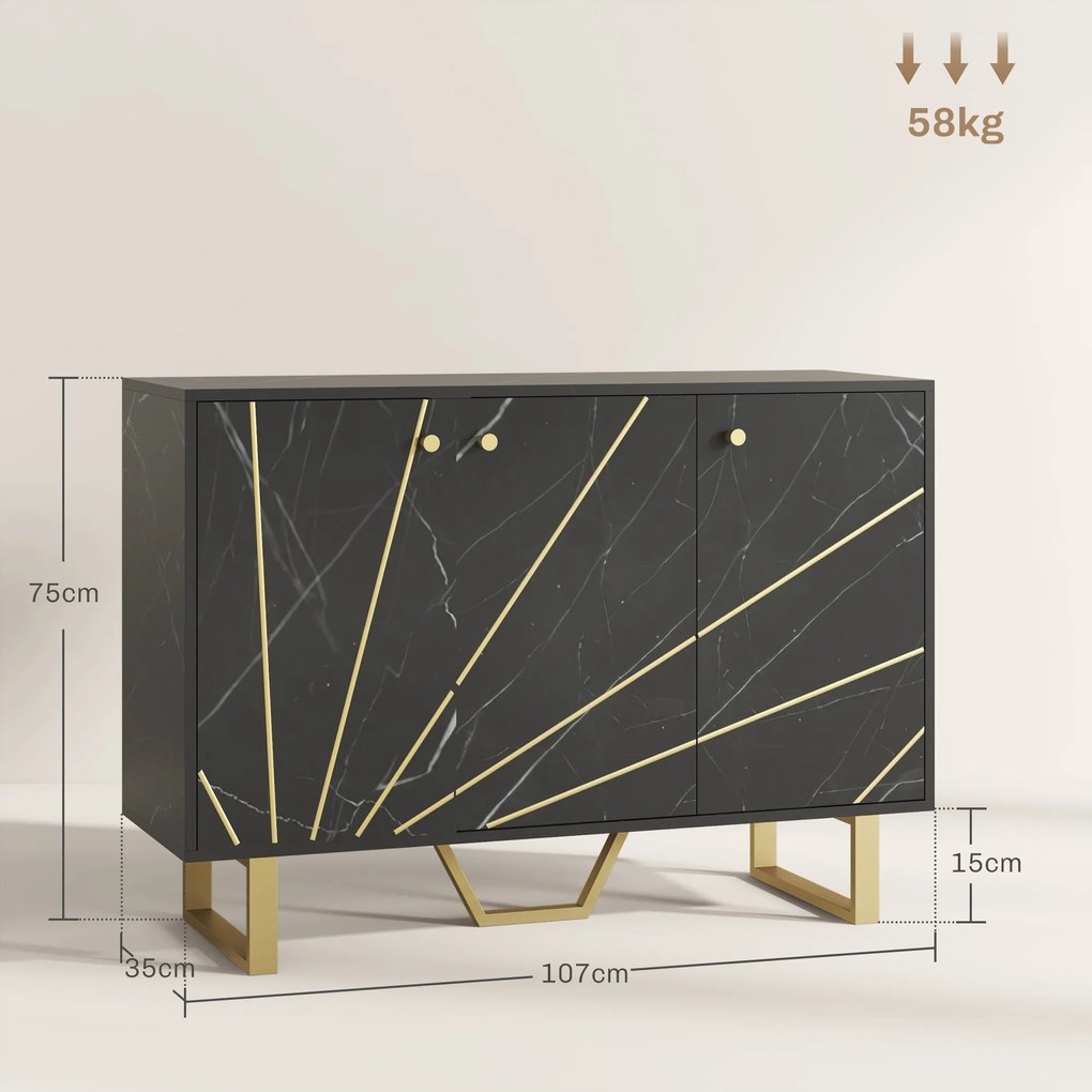 HOMCOM Bufet de depozitare pentru salon cu 2 dulapuri 3 uși și raft reglabil, picioare din metal, aspect marmură neagră | Aosom Romania