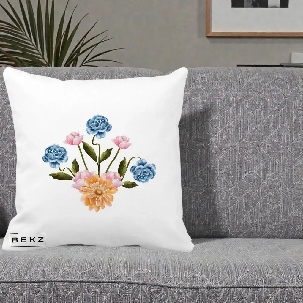Perna Decorativa Buchet Primavara Acuarela, 40x40 cm, Alba Mata, Husa Detasabila, Perna Inclusa, BEKZ®