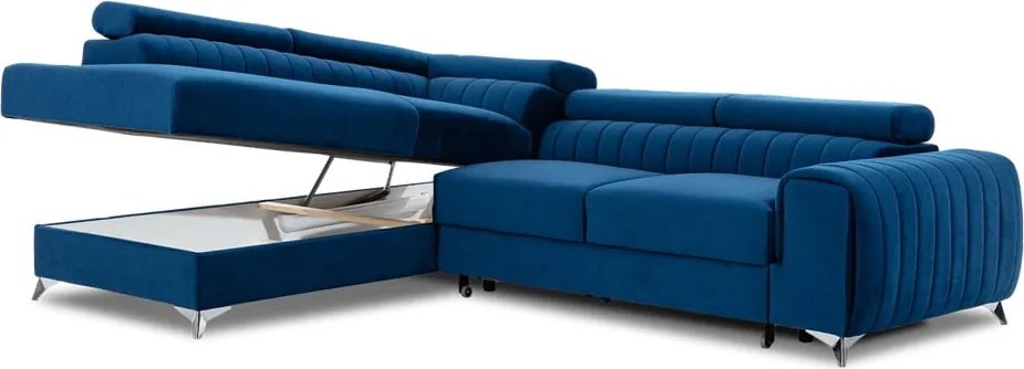 Colțar albastru extensibil/cu spațiu de depozitare cu tapițerie din catifea (cu colț pe partea stângă/în formă de ”L”) Laurence – ELTAP