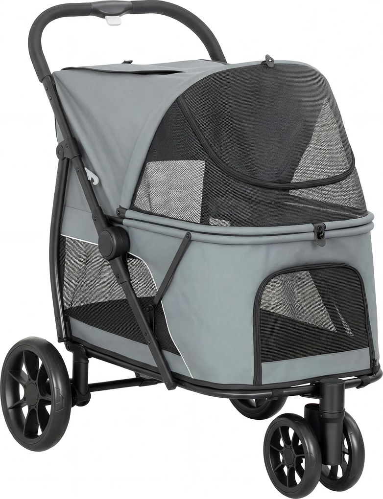 PawHut Cărucior pentru Câini Pliabil cu 3 Roți Ferestre din Plasă Pernă Lavabilă Pentru Orice Teren Sarcină 20 kg 92x63x95 cm Gri | Aosom Romania